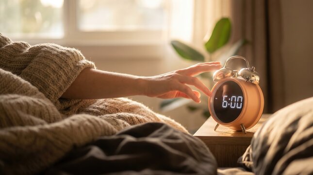 Hand Reaching for Alarm Clock Displaying 6:00 AM in Sunny Bedroom with Knitted Blanket for Early Morning Routine and Productivity Theme