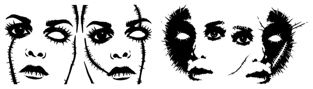 Spooky female faces and gothic doll portraits in horror stencil style