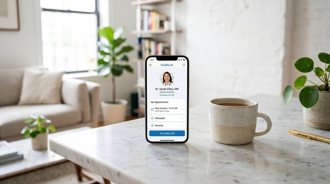 Smartphone on marble coffee table, modern living room background, mobile app interface, remote work setup, home office