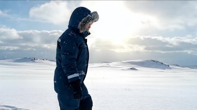 Woman in winter parka walking across snowy arctic landscape under bright sun during a polar expedition