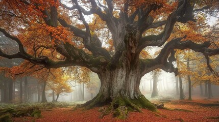 Obraz premium Massive ancient tree with gnarled branches and autumn foliage stands in a misty forest clearing