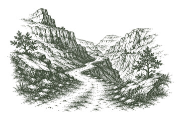 Fototapeta premium Hand drawn canyon trail landscape in vintage engraving style, detailed rocky gorge vector illustration for travel posters, prints and adventure decor