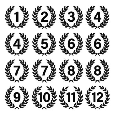 Wedding table numbers in laurel wreath frames. Seating chart number set 1 to 12 vector illustration. Circular floral border icons isolated on transparent background