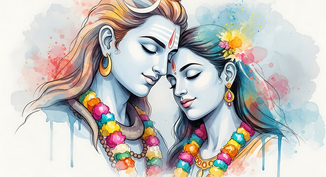 Watercolor illustration of lord shiva and goddess parvati in a loving embrace