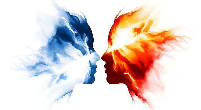 Abstract conceptual art of two human profiles facing each other with blue smoke and red fire energy isolated on white background