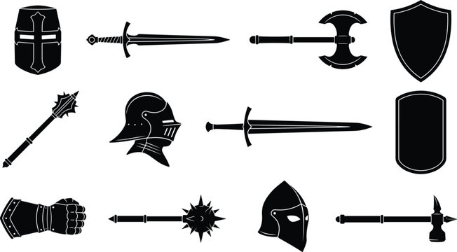 Medieval Knight Weapons and Armor Silhouette Icon Set Featuring Swords Double Battle Axe Close Helmet Morningstar and Viking Nasal Helm Isolated on White
