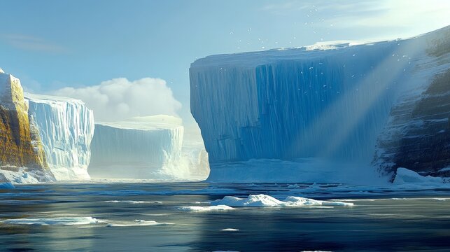Massive icebergs drift slowly across a calm, frozen polar ocean under a clear blue sky
