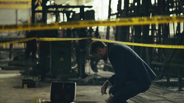 Middle-aged male detective examining crime scene and searching for clues