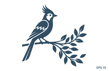 Fototapeta premium Crested bird perched on tree branch with leaves silhouette nature wildlife avian vector graphic element