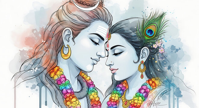 Watercolor illustration of lord shiva and goddess parvati in a divine embrace
