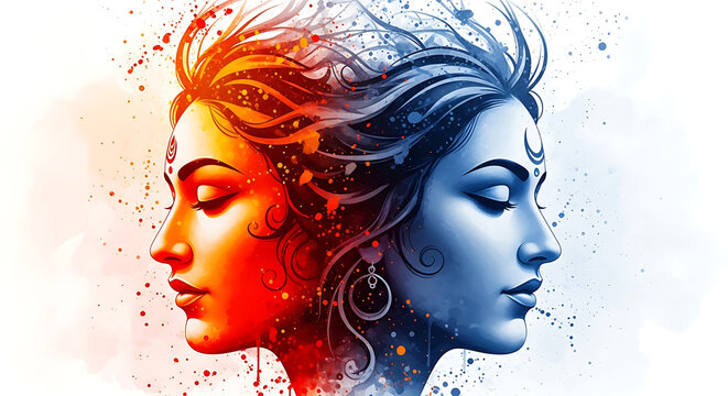 Artistic dual portrait of a woman with contrasting red and blue watercolor energy profiles