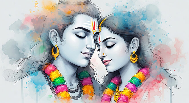 Watercolor illustration of lord shiva and goddess parvati in divine union