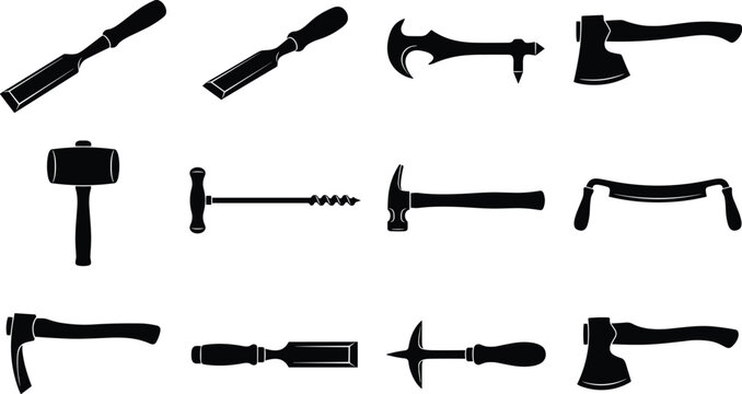 Professional Carpentry and Traditional Timber Framing Hand Tool Silhouette Icon Set Featuring Framing Wood Chisels Timber Scribe T Handle Auger and Claw Hammer Isolated on White