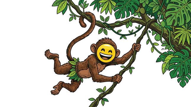Monkey hanging from tree branch smiling.