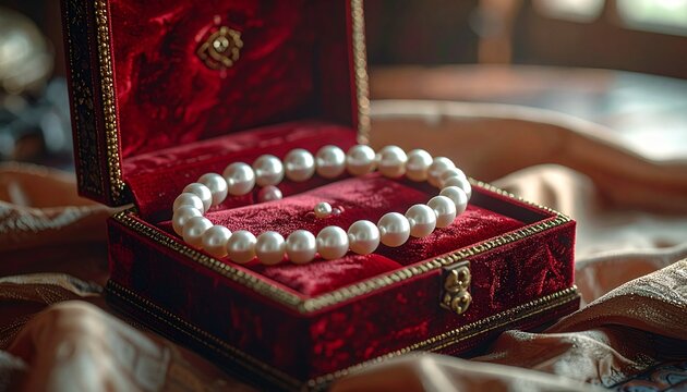 Elegant Pearl Bracelet Displayed in a Luxurious Red Velvet Jewelry Box.
