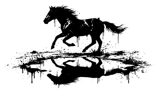 Horse galloping and running with its reflection in a water puddle in black and white ink splatter style
