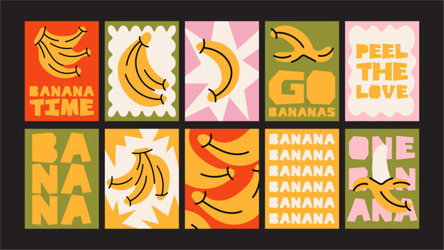 Bold retro poster collection inspired by bananas, tropical fruits and playful typography. Bright colors, hand-drawn illustrations and fun graphic elements create a cheerful summer mood.