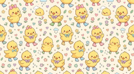 Fototapeta premium Cute Chicks Pattern: A charming and whimsical seamless pattern featuring an array of adorable yellow chicks adorned with colorful bows and buttons, set against a soft.