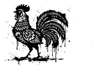 ornate decorative rooster illustration with paint drips in rustic folk art style © UrbanDruid