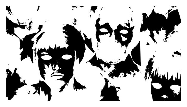 Comic book characters and superhero mask silhouettes in black and white street art stencil style