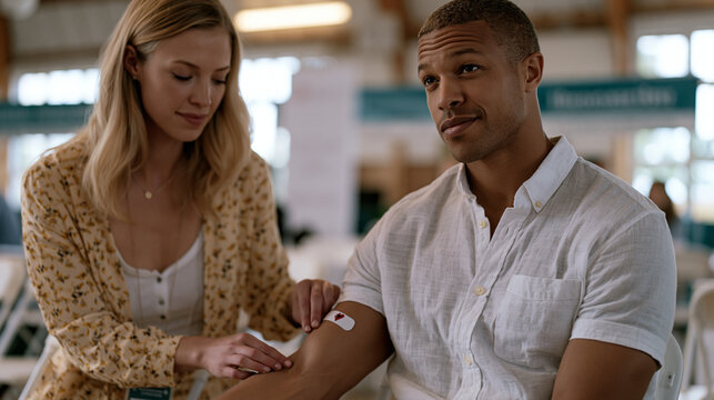 A blood donation volunteer placing a sticker on a donor's arm in a community center, folding chairs and banners visible behind them, warm indoor lighting, perfect for volunteer