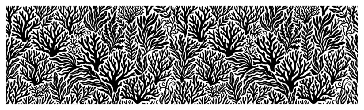 Seamless coral reef and seaweed pattern in monochrome line art style