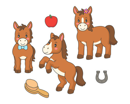 Happy family of horses with a child, horse mom and horse dad. Cute foal with comb, apple and horseshoe. Funny pony ​​family isolated on white background.