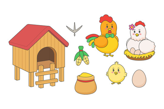 Happy family of chickens with a child, mom chicken and rooster dad. Cute chick with feed and a chicken coop. Funny chicken ​​family isolated on white background.