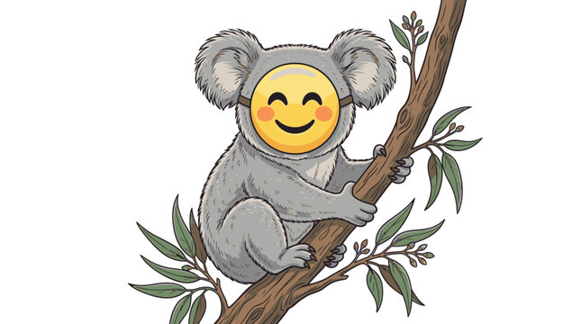 Smiling Koala Sitting on Tree Branch.