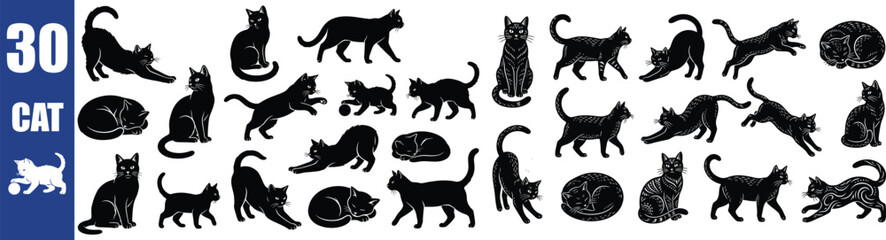 Collection Of Black Cat Silhouettes On A White Background © Rudro