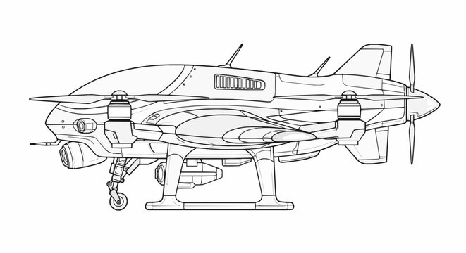 Line art illustration of a futuristic hybrid vtol drone aircraft