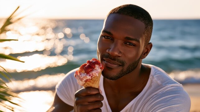 Smiling Black man enjoying strawberry ice cream on the beach during golden hour, capturing a relaxing summer lifestyle, coastal travel, and vacation atmosphere.