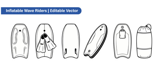 Inflatable bodyboards vector line icon set representing wave rider equipment, surf flippers, carrying bag for summer beach recreation sports activities, minimal isolated black outline graphic layouts. © Dinali