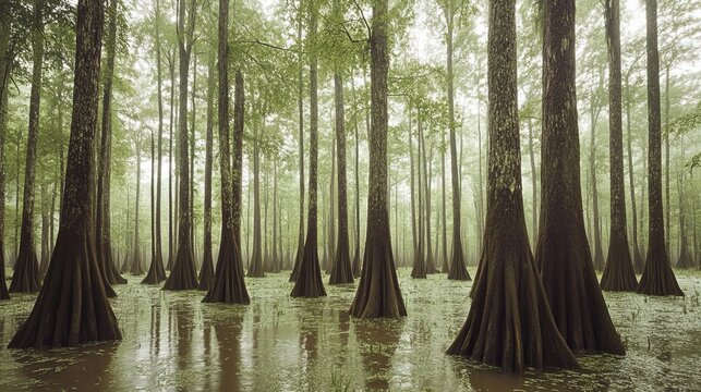 Misty swamp forest with tall cypress trees emerging from flooded ground during a rainy summer day