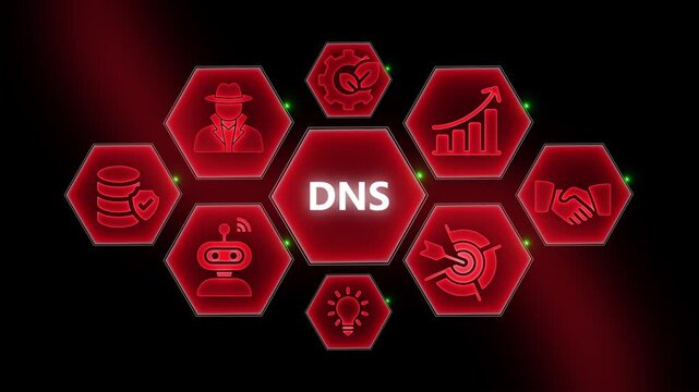 Dns network security concept with glowing red hexagonal and digital interface