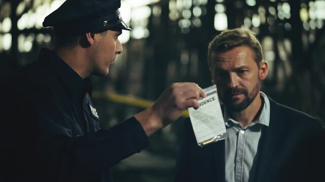 Detective and police officer discussing murder case while examining evidence bag