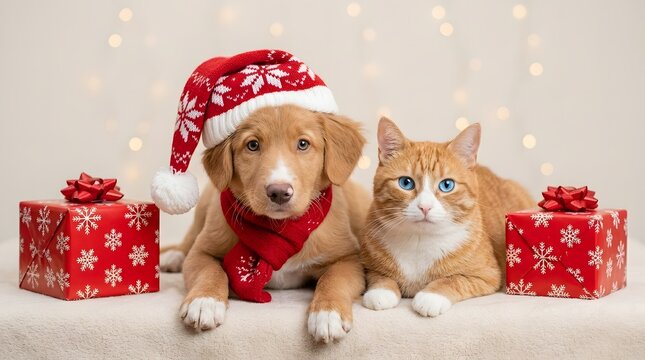 Adorable christmas scene with dog and cat in festive attire