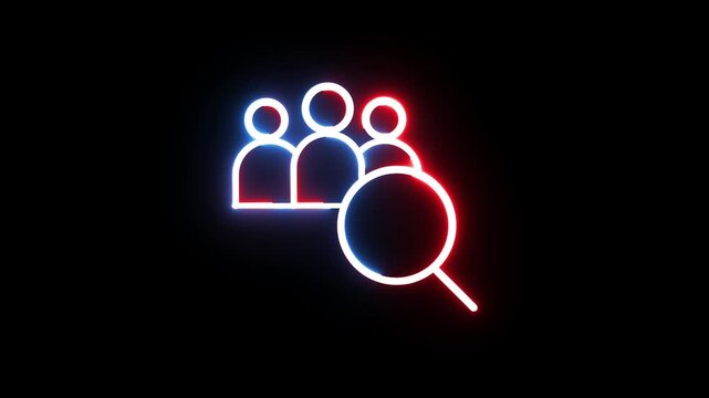 Neon glowing group of people icon with magnifying glass representing talent search.