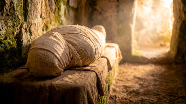 Ancient biblical burial scene showing a body wrapped in a linen shroud resting on a stone slab inside a sunlit tomb