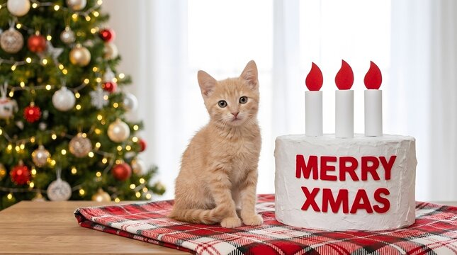 Adorable orange kitten sitting beside a merry xmas cake with a christmas tree in the background