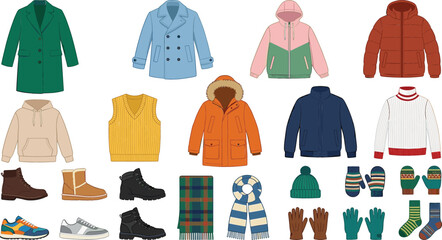 Winter Clothing and Outerwear Fashion Vector Icon Set Featuring Warm Coats, Jackets, Boots, Scarves, Sweaters, Gloves, and Seasonal Cold Weather Apparel Elements © MdSaddam