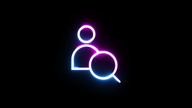 Neon user search icon glowing against dark background for digital interface design.