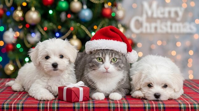 Adorable christmas scene with cat and puppies in festive setting