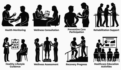 Fototapeta premium Healthcare and Patient Care Silhouette Collection Featuring Wellness Consultation Rehabilitation and Preventive Medical Services