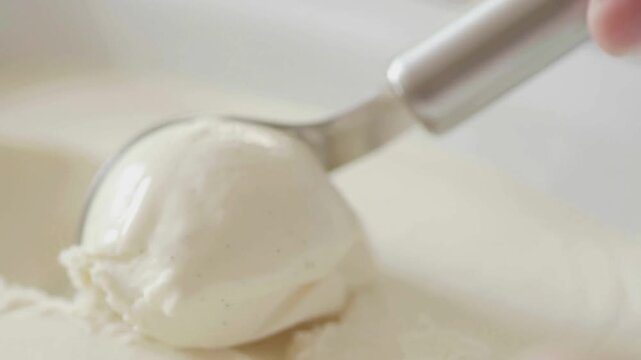 Vanilla ice cream scoop being served with metal tool, creamy white gelato texture close up, delicious frozen dairy dessert for summer cafe menu