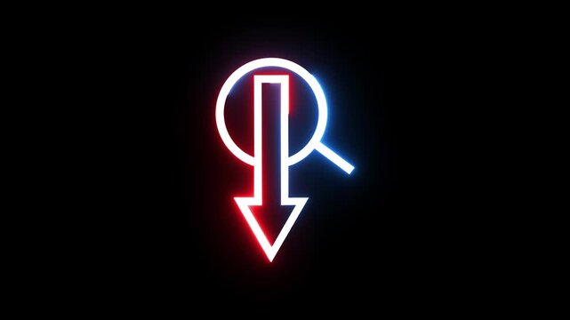 Neon glowing magnifying glass search icon with arrow pointing down on black background.