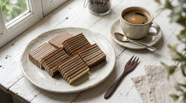 Six slices of traditional Indonesian steamed layered rice flour cake kue lapis beras with coffee brown stripes on a ceramic plate with hot black coffee and roasted coffee beans in a glass jar.