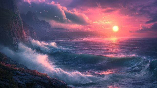 Ocean waves crash against rocky cliffs during a vibrant pink and purple sunset over the sea