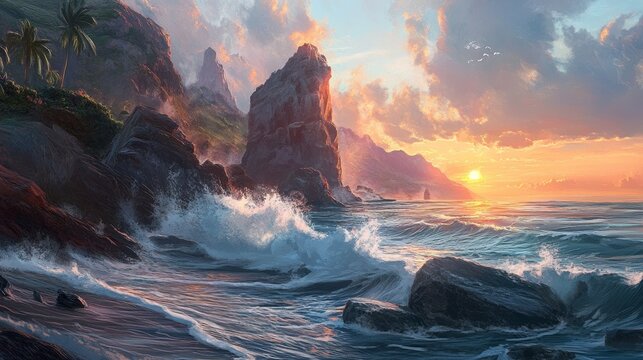 Ocean waves crash against rocky cliffs at sunset with tropical foliage visible