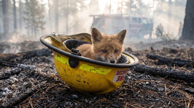 Unique close up of cute baby fox cub sitting inside yellow firefighter helmet on charred forest ground, creative rescue concept